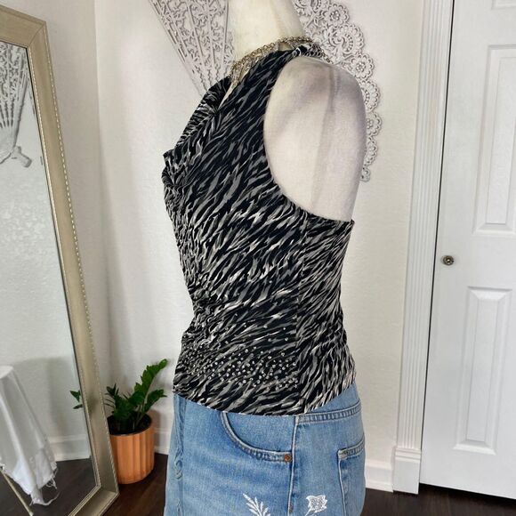 Express Early 2000’s Slinky Silver Black Zebra Velvet Sequin Halter Cami Top M - Picture 3 of 7